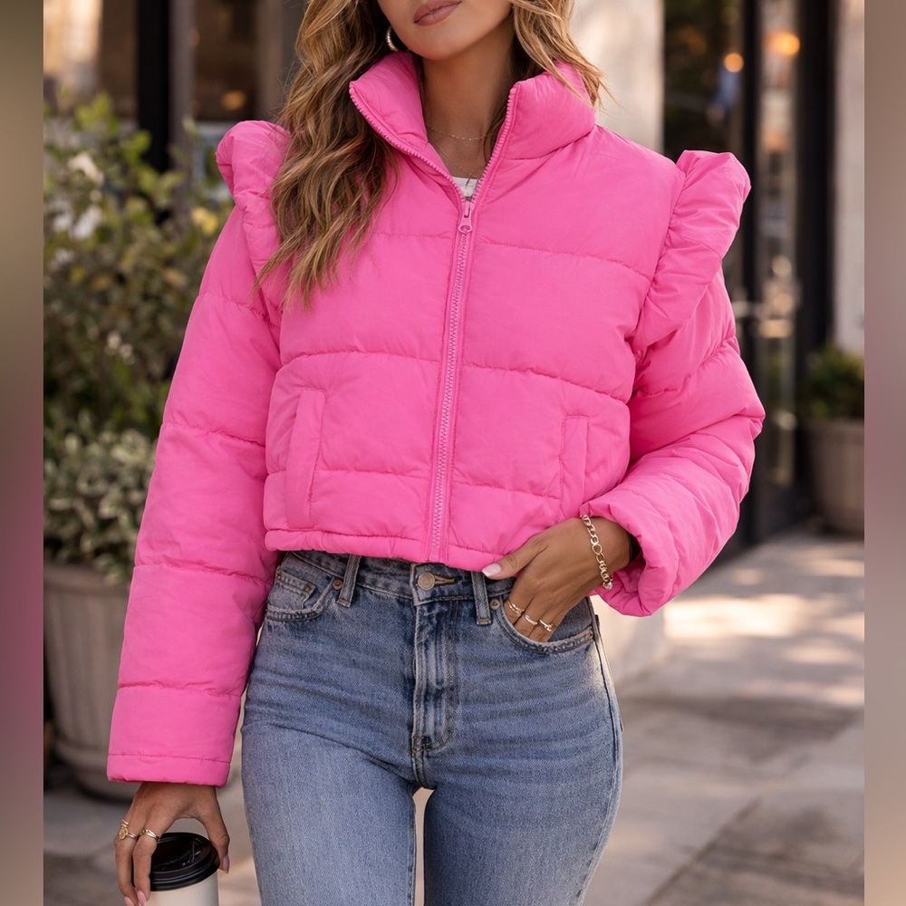 Simply Southern XS Pink Puffer Jacket Ruffle Cropped Quilted Coat Coquette
